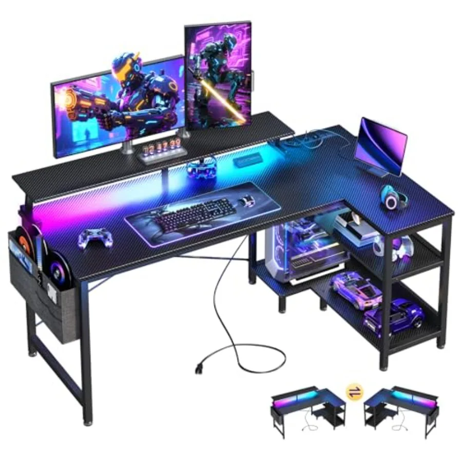 Desk Setup Black And Wood - LED 조명과 전원 콘센트가 장착된 L자형