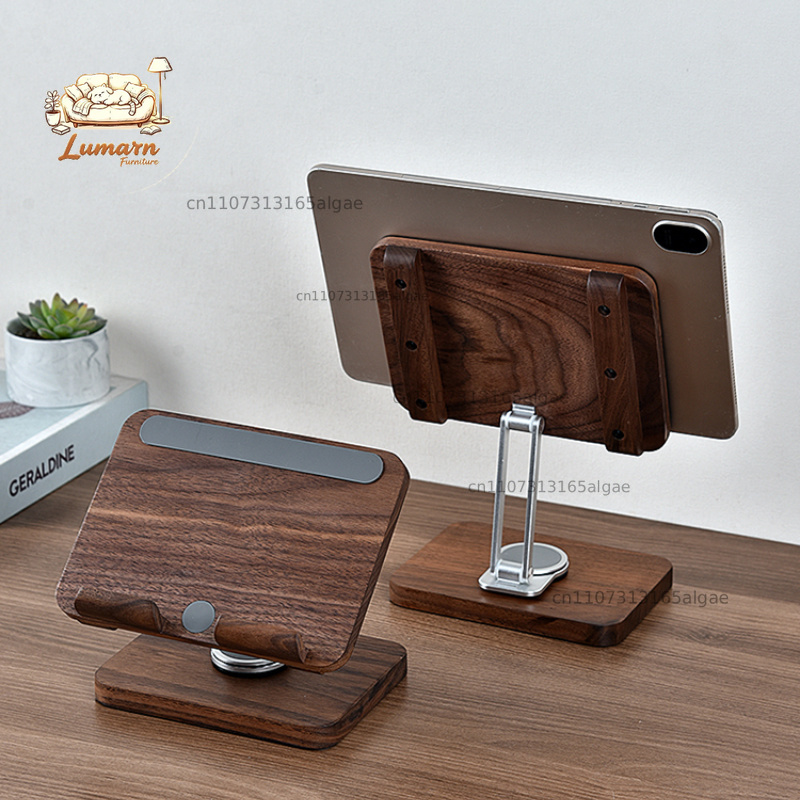 Desk Setup Black And Wood - 블랙 월넛 아이패드 스탠드 360도 회전