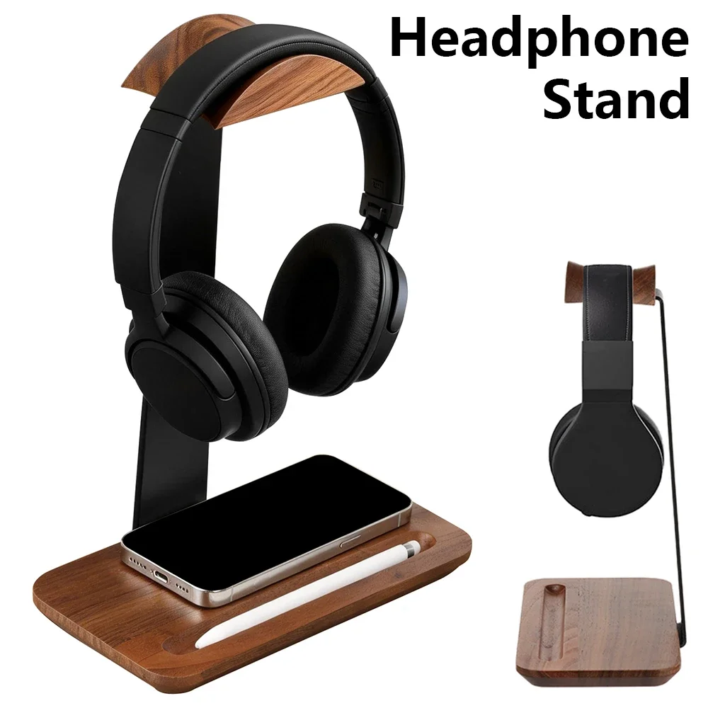 Desk Setup Equipment - 유니버설 우드 헤드폰 스탠드(보관 베이스 포함)