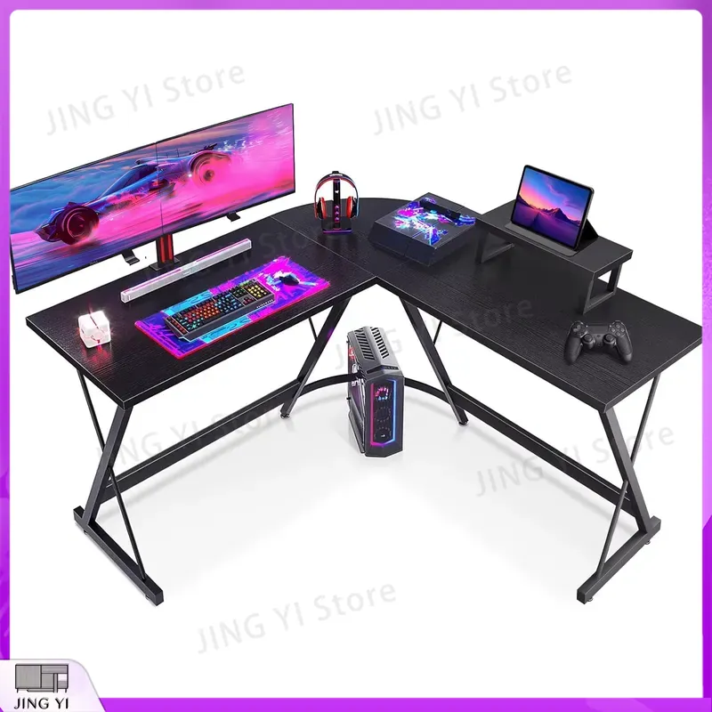 Desk Setup Black And Wood - 모니터 스탠드가 있는 L자형 게이밍 책상