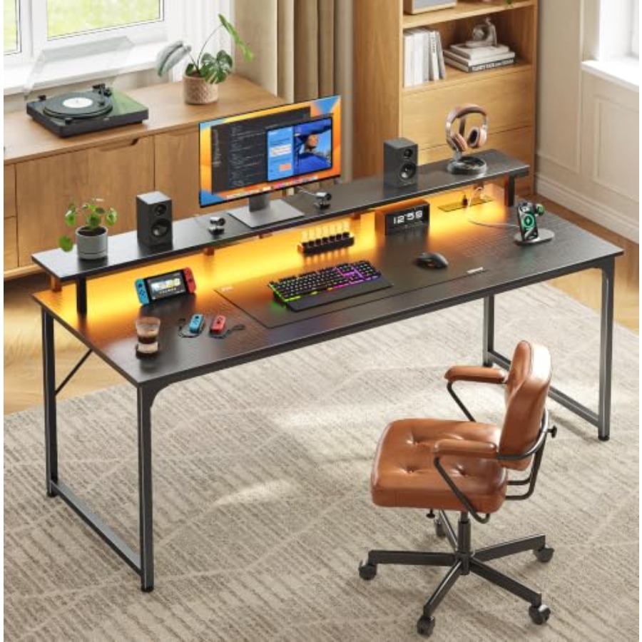 LED 조명과 내장형 전원 콘센트가 있는 게이밍 데스크 - Desk Setup Black And Wood 리뷰 및 가격