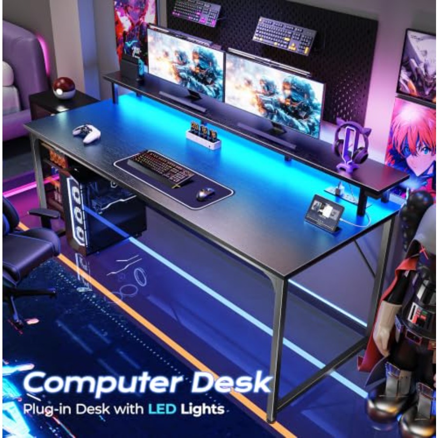 LED 조명과 내장형 전원 콘센트가 있는 게이밍 데스크 - Desk Setup Black And Wood 리뷰 및 가격