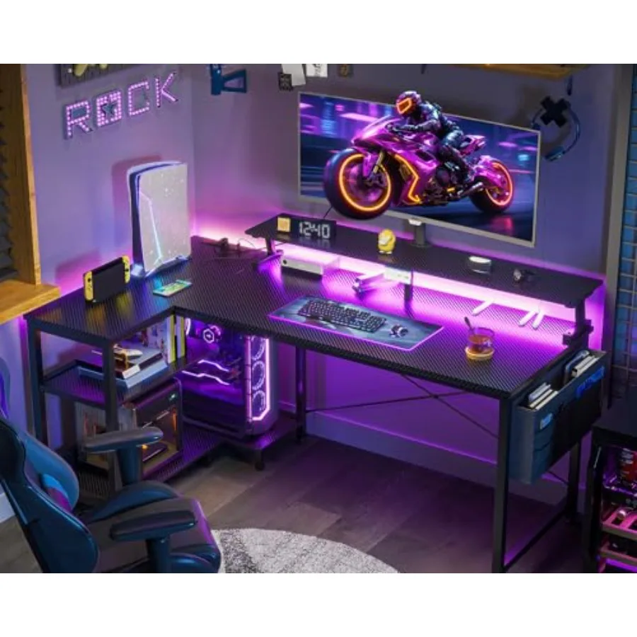 LED 조명과 전원 콘센트가 장착된 L자형 게이밍 데스 - Desk Setup Black And Wood 리뷰 및 가격