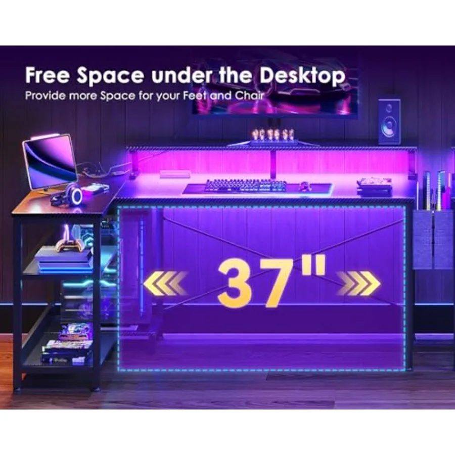 LED 조명과 전원 콘센트가 장착된 L자형 게이밍 데스 - Desk Setup Black And Wood 리뷰 및 가격