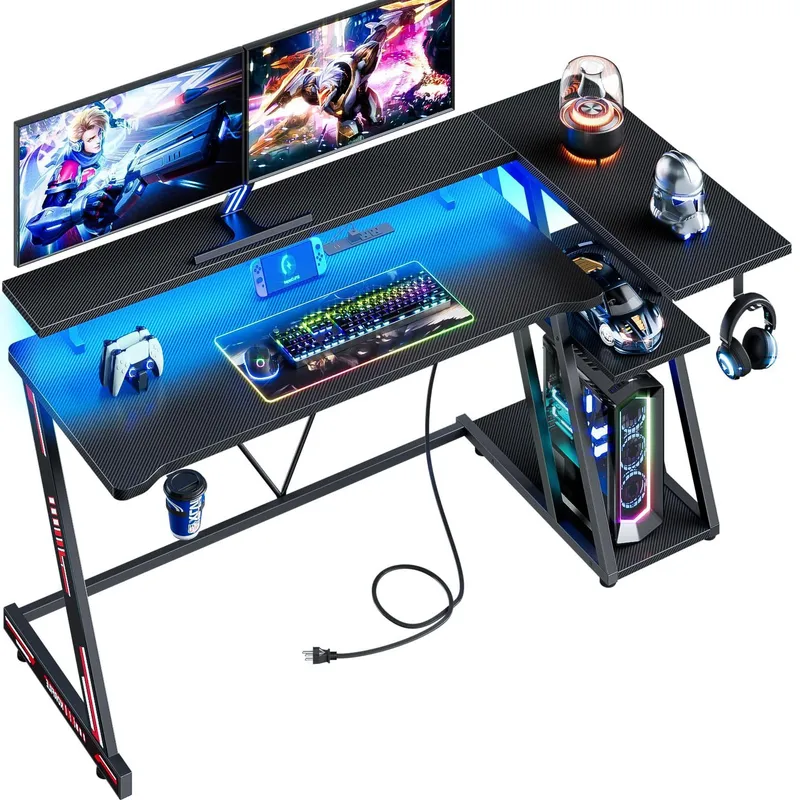 블랙 카본 파이버 L자형 게이밍 책상 (LED 조명,  - Desk Setup Black And Wood 리뷰 및 가격