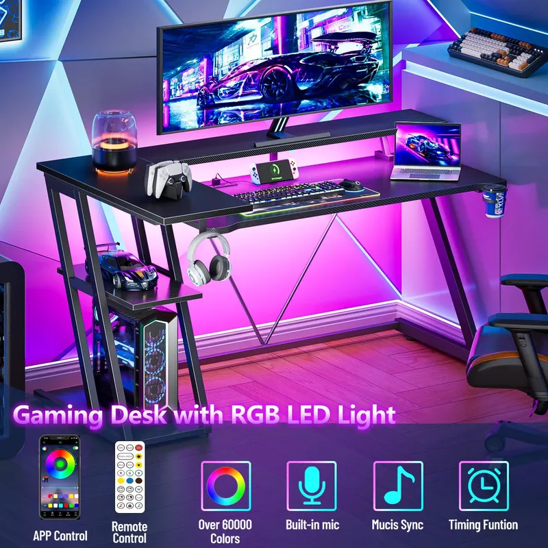 블랙 카본 파이버 L자형 게이밍 책상 (LED 조명,  - Desk Setup Black And Wood 리뷰 및 가격