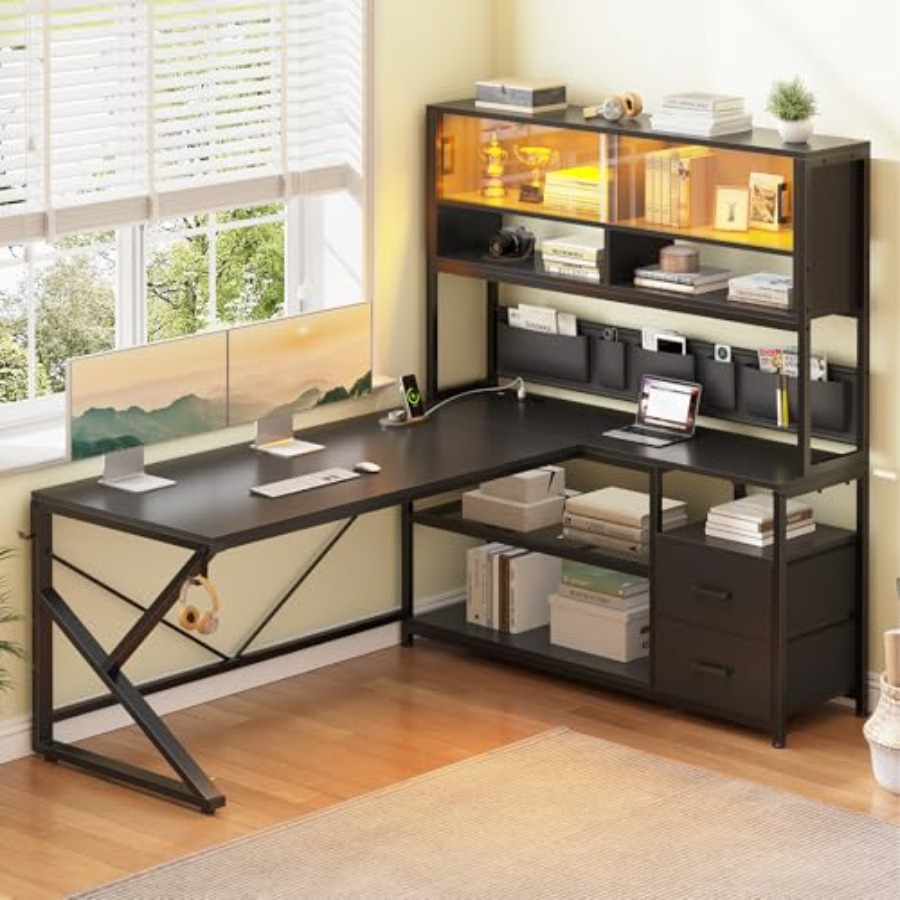 L자형 게이밍 데스크, 수납 선반 포함, 2개의 서랍, - Desk Setup Black And Wood 리뷰 및 가격