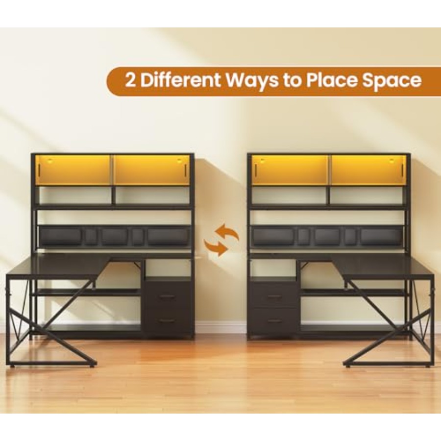 L자형 게이밍 데스크, 수납 선반 포함, 2개의 서랍, - Desk Setup Black And Wood 리뷰 및 가격