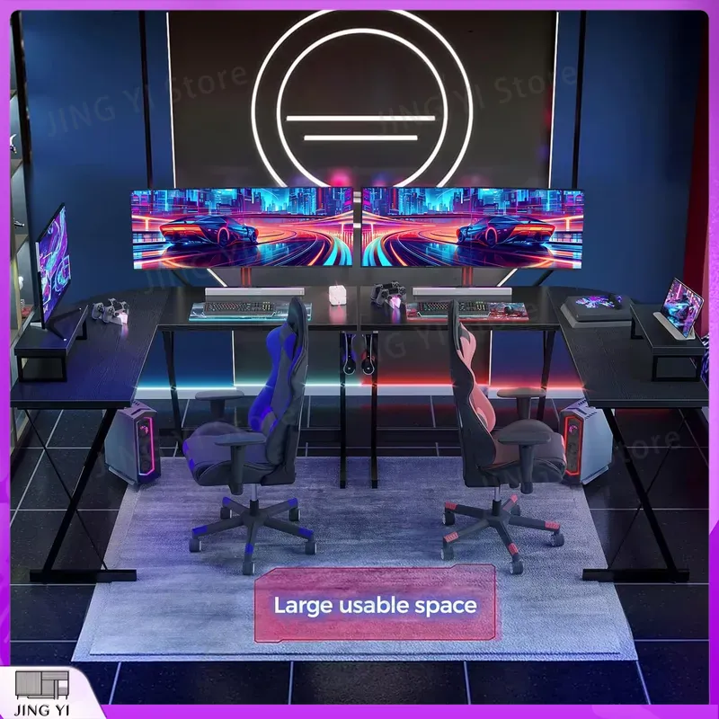 모니터 스탠드가 있는 L자형 게이밍 책상 127x127 - Desk Setup Black And Wood 리뷰 및 가격