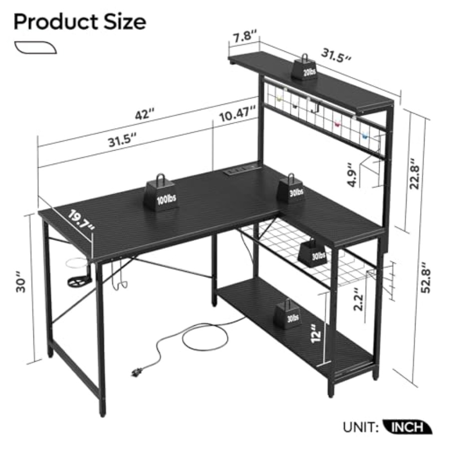42인치 게이밍 데스크, 전원 콘센트 및 LED 조명  - Desk Setup Black And Wood 리뷰 및 가격
