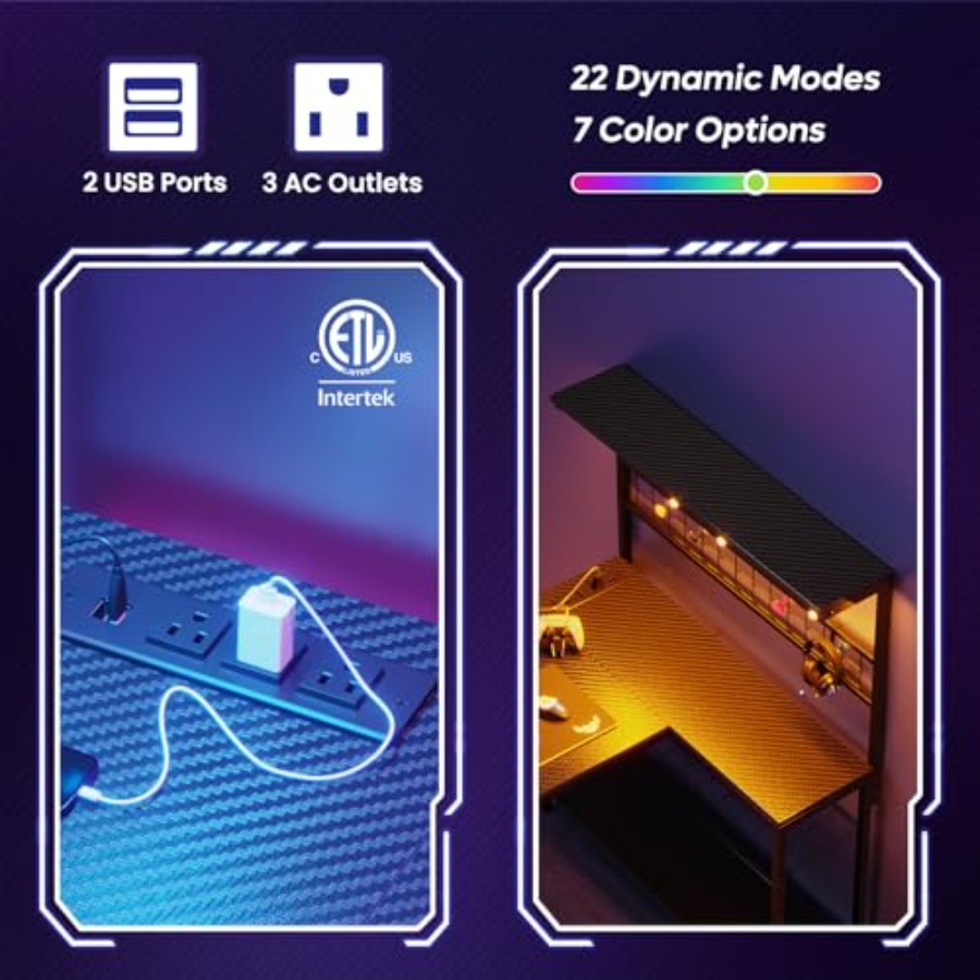 42인치 게이밍 데스크, 전원 콘센트 및 LED 조명  - Desk Setup Black And Wood 리뷰 및 가격