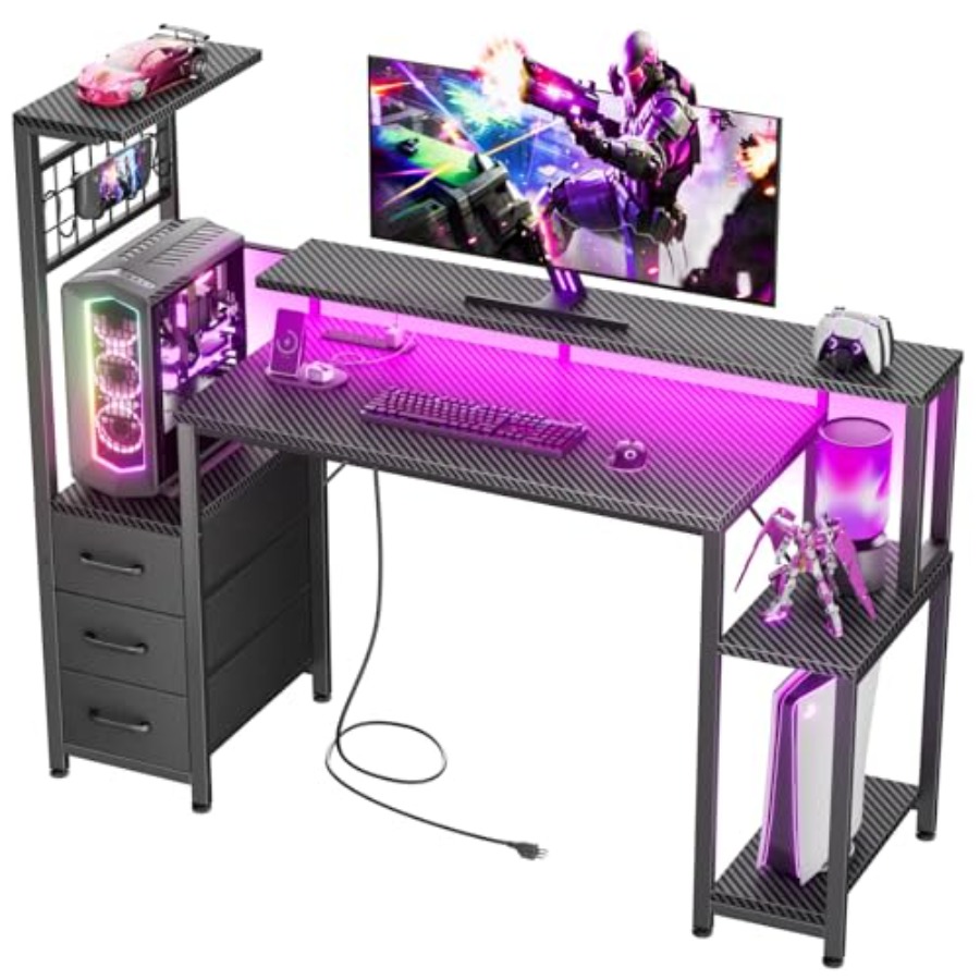 전원 콘센트와 LED 조명이 장착된 48인치 게이밍 데 - Desk Setup Black And Wood 리뷰 및 가격