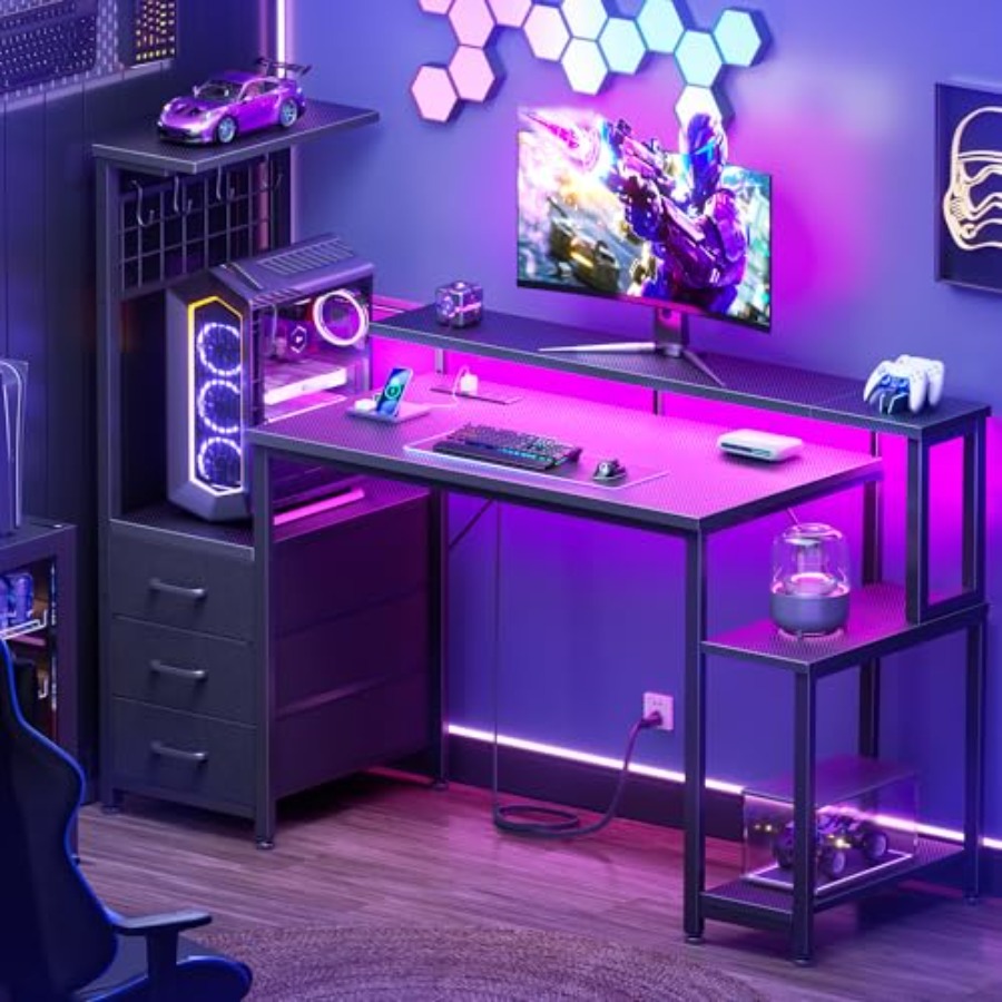 전원 콘센트와 LED 조명이 장착된 48인치 게이밍 데 - Desk Setup Black And Wood 리뷰 및 가격