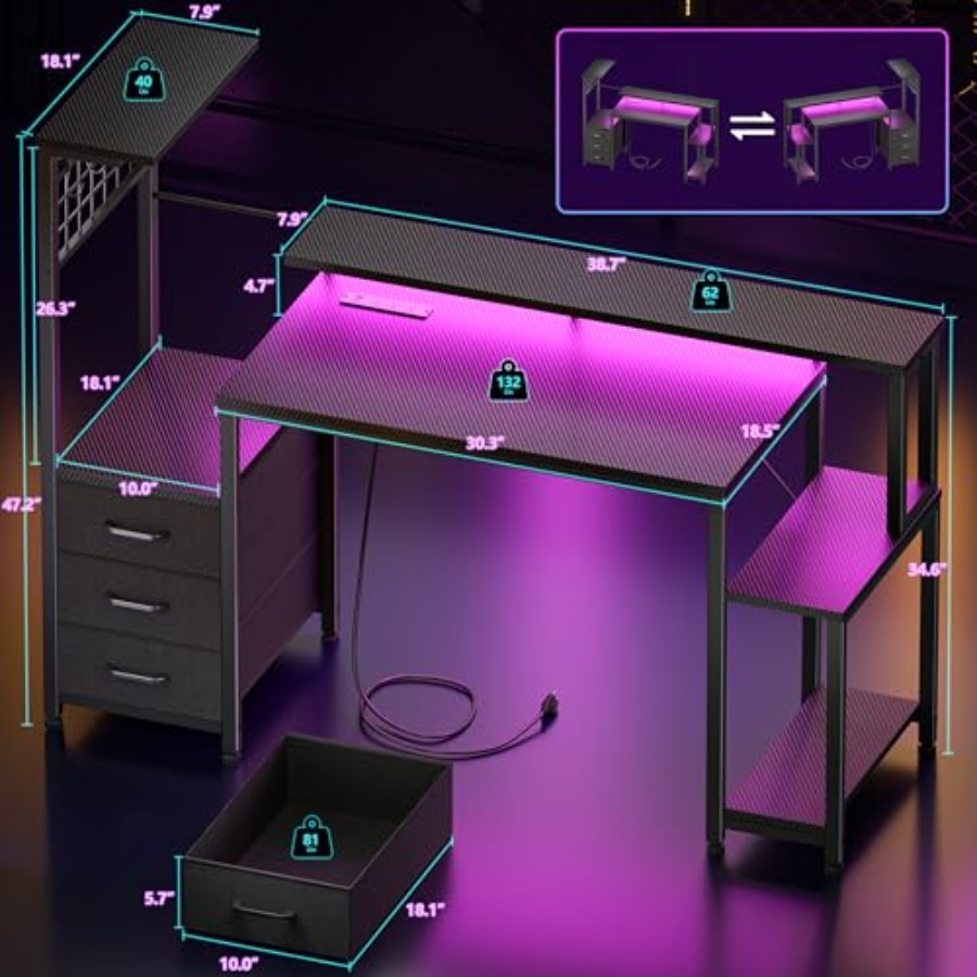 전원 콘센트와 LED 조명이 장착된 48인치 게이밍 데 - Desk Setup Black And Wood 리뷰 및 가격
